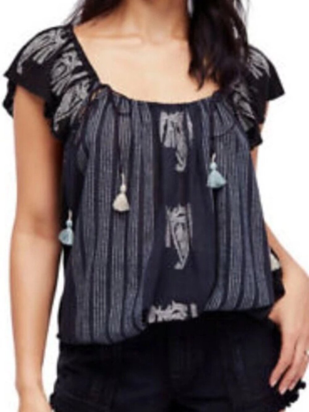 Free People | Pukka Top Blouse Boho Navy with White Print Tassel Tie Sleeves M